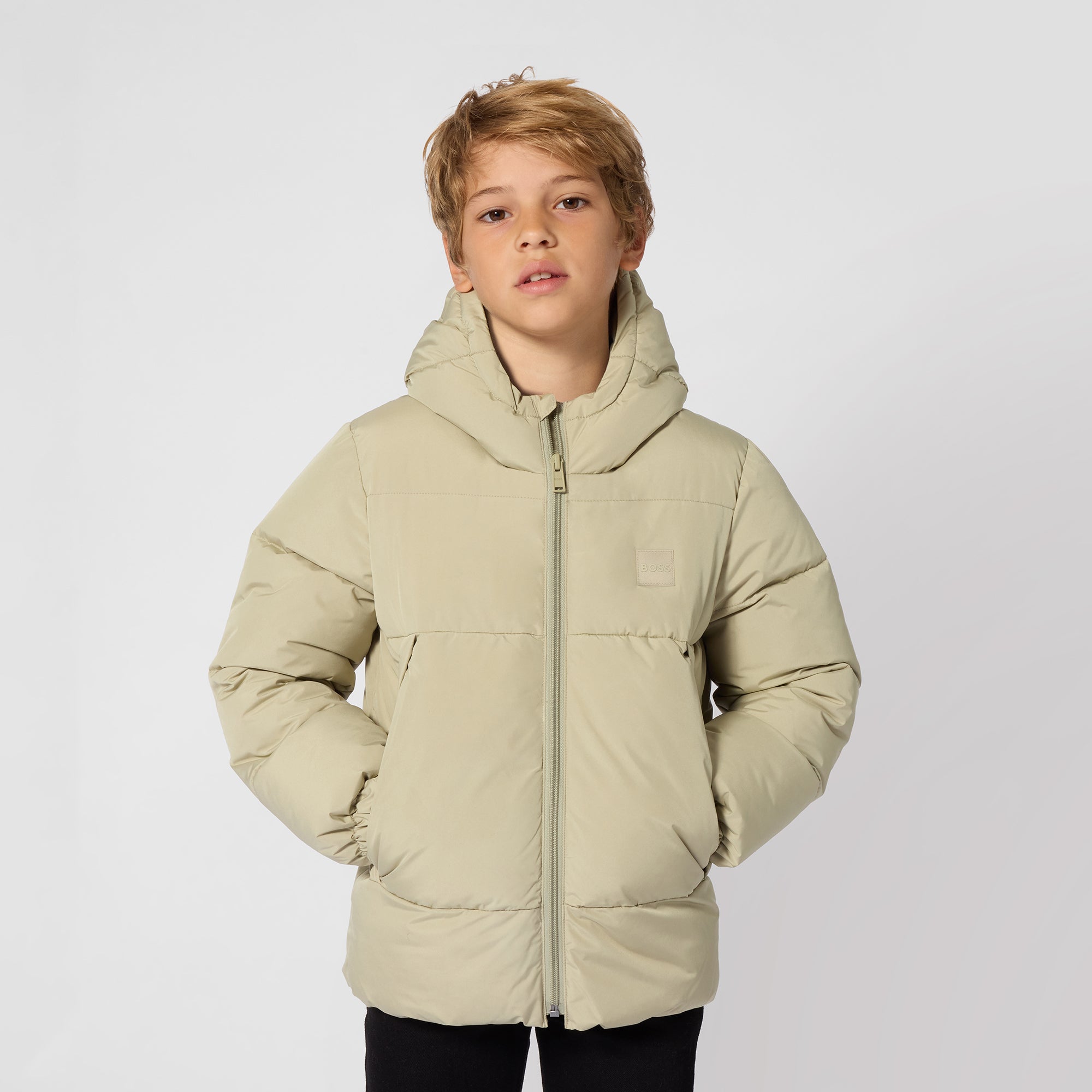 BOSS Boys Khaki Hooded Puffer Jacket