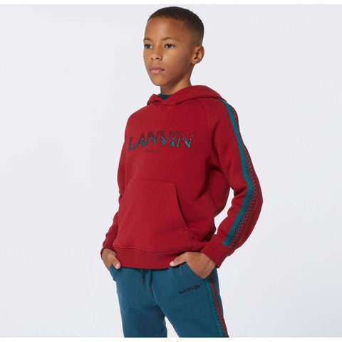 LANVIN Boys Red Curb Detail Logo Hoodie