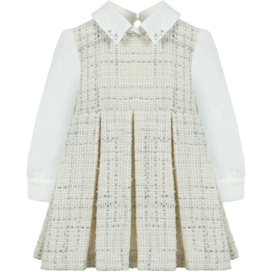 Girls Ivory & Silver Cotton Tweed Dress