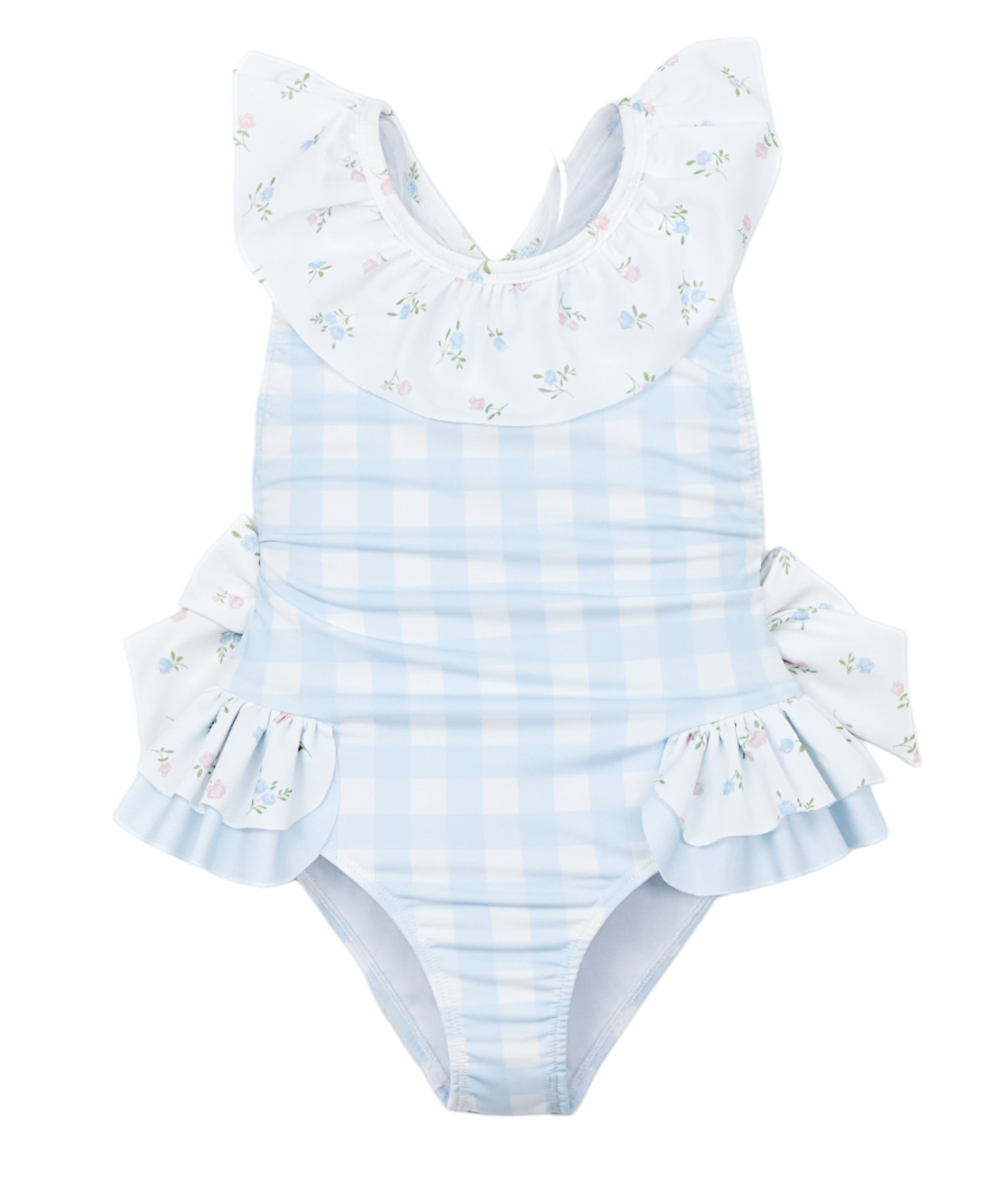 Meia Pata Girls Blue Checked Floral Swimming Costume