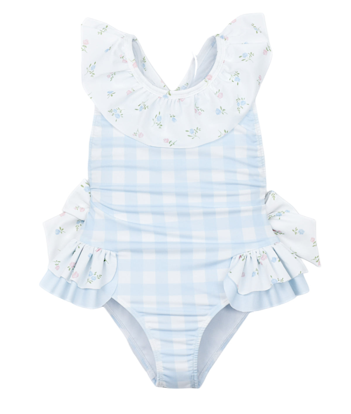 Meia Pata Girls Blue Checked Floral Swimming Costume