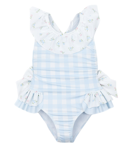 Girls Blue Checked Floral Swimming Costume