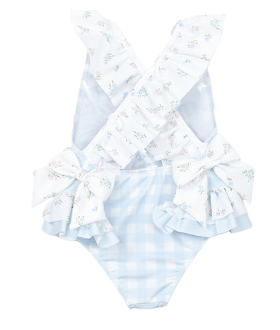 Meia Pata Girls Blue Checked Floral Swimming Costume