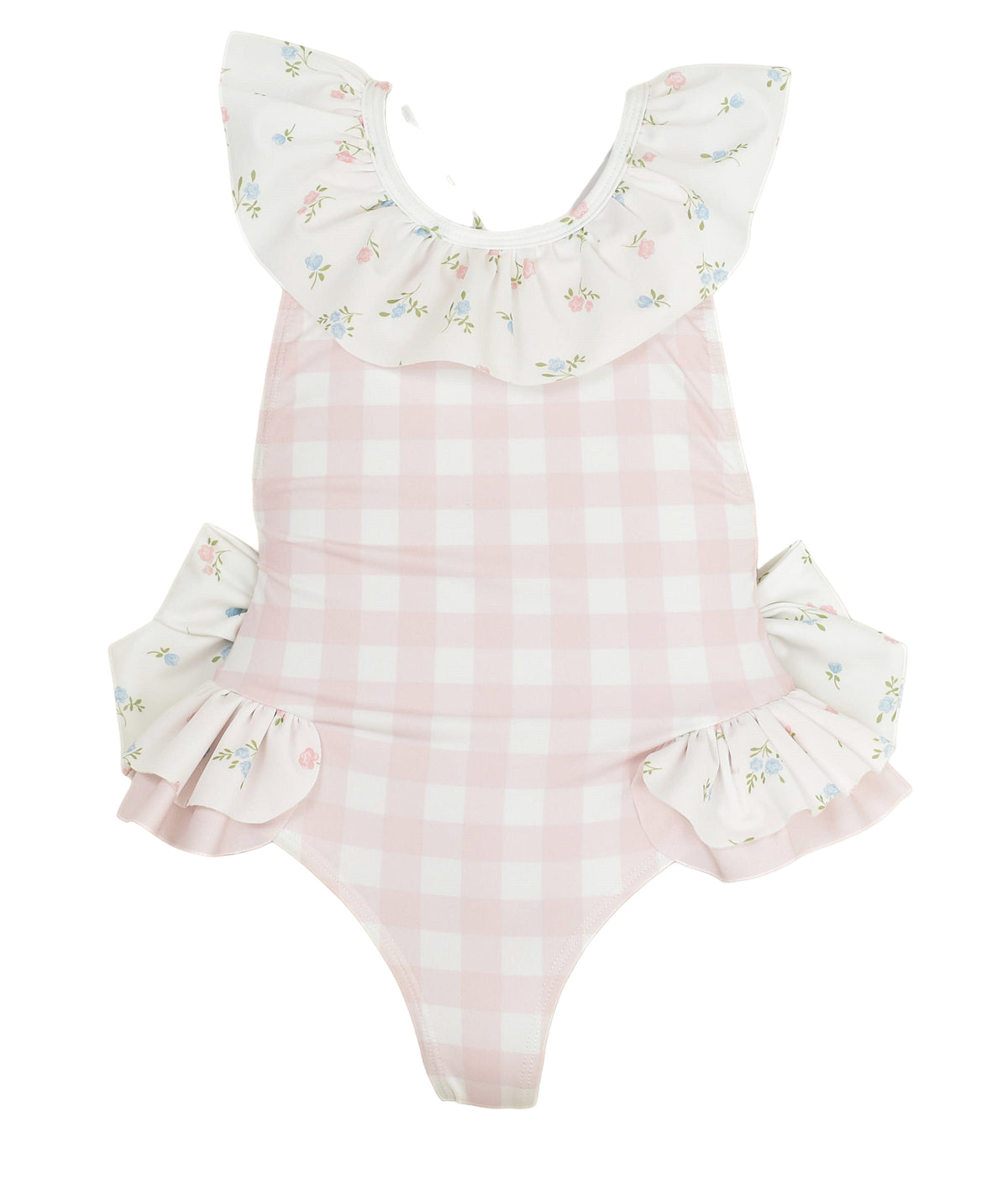 Girls Pink Checked Floral Swimming Costume