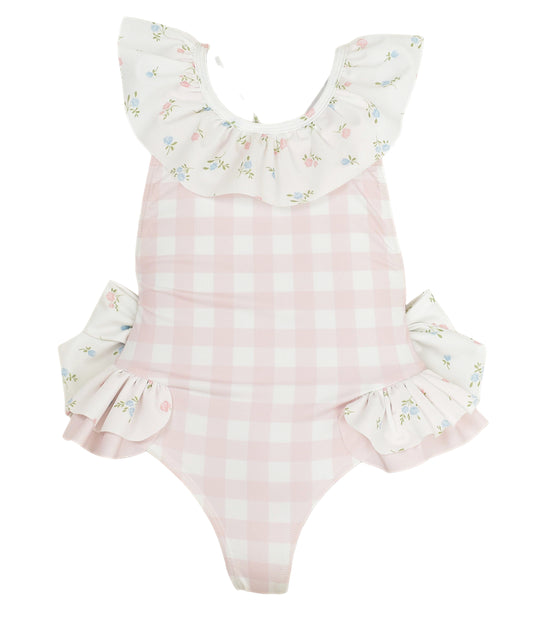 Girls Pink Checked Floral Swimming Costume