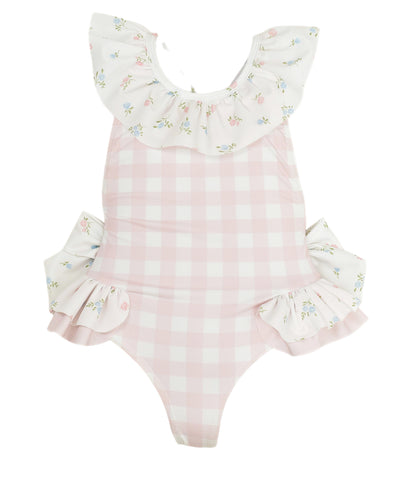 Girls Pink Checked Floral Swimming Costume