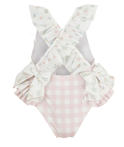 Girls Pink Checked Floral Swimming Costume