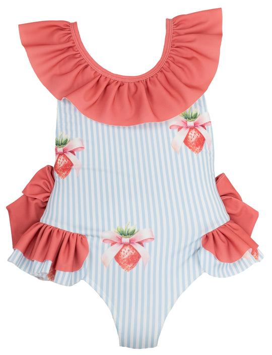 Girls Blue Stripe Strawberry Swimming Costume