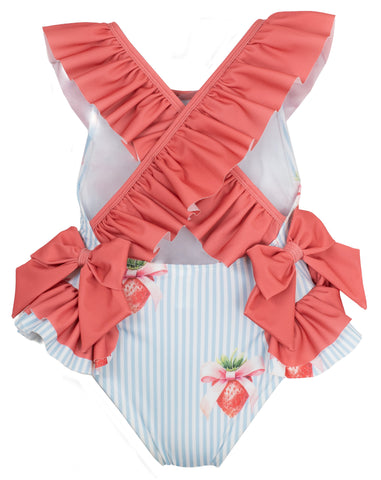 Meia Pata Girls Blue Stripe Strawberry Swimming Costume