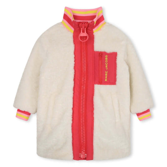 Girls Cream And Pink Faux Shearling Long  Coat