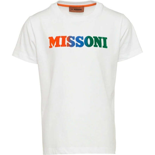 Boys White Cotton Colourful Logo T-Shirt