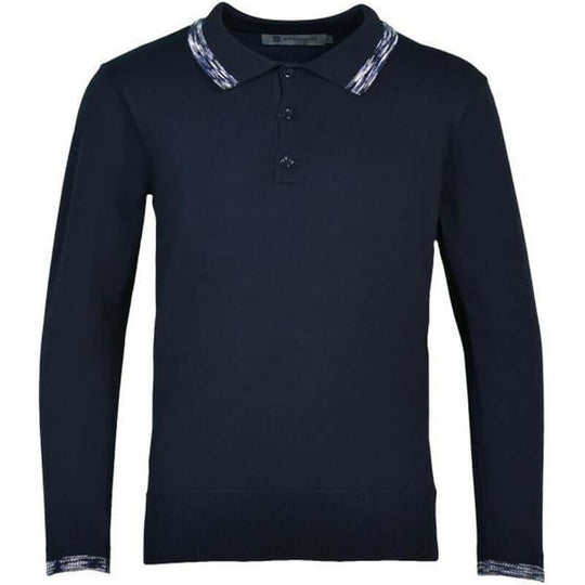 Boys Navy Space-Dye Trim Long Sleeve Polo