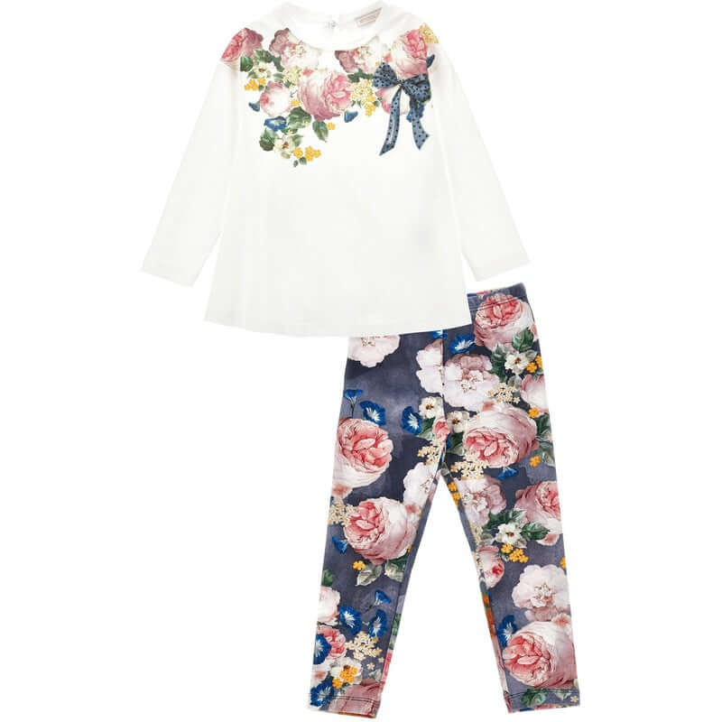 Monnalisa Girls Cotton Ivory & Blue Legging Set