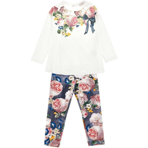 Monnalisa Girls Cotton Ivory & Blue Legging Set