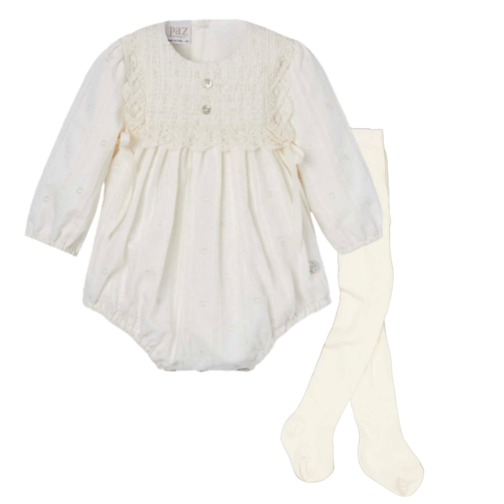 Paz Rodriguez Baby Girls Cream Lace Romper with Tights