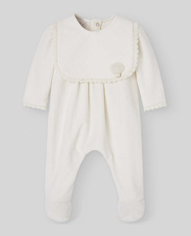 Paz Rodriguez Baby Girls Cream Velour Babygrow with Hat & Bib