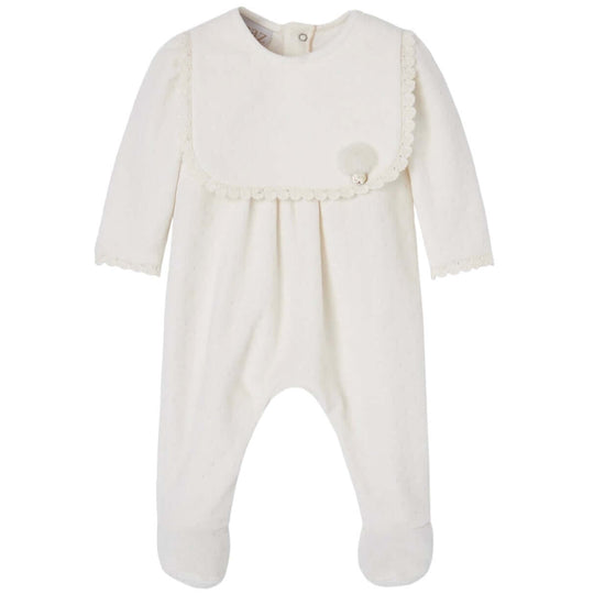 Baby Girls Cream Velour Babygrow with Hat & Bib