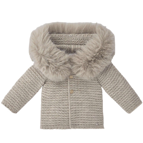 Paz Rodriguez Unisex Beige Knit Jacket with Faux Fur