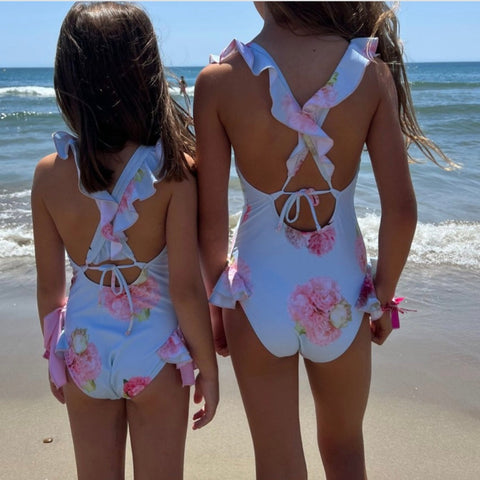 Phi Clothing Girls Aqua Rose Print Swimsuit