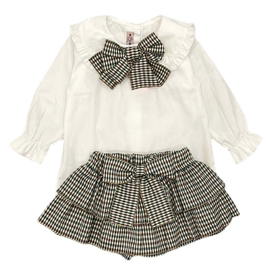 Girls Brown Check Skort & White Blouse