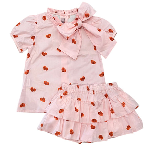 Phi Clothing Girls Pink Heart Bow Blouse & Skort