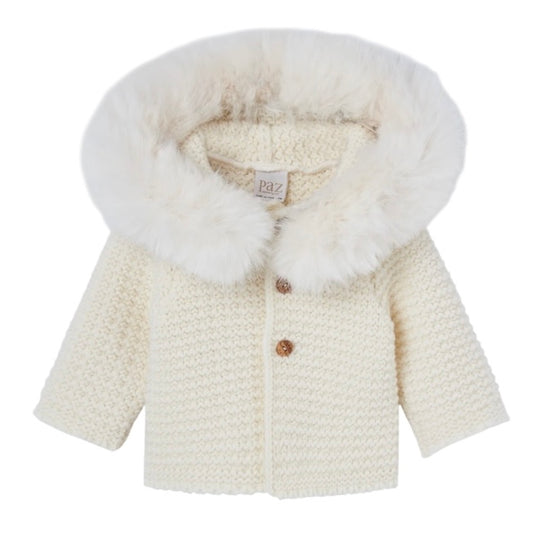 Cream Knitted Jacket with Faux Fur