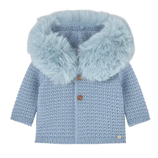 Blue Knitted Jacket with Faux Fur