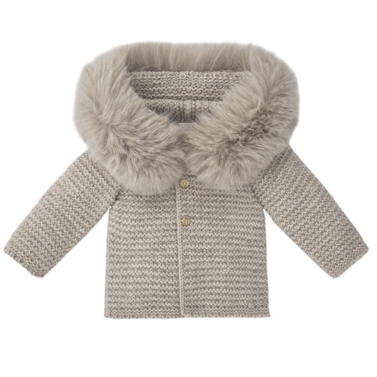 Beige Knitted Jacket with Faux Fur