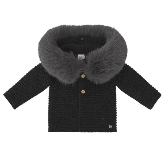 Dark Grey Knitted Jacket with Faux Fur