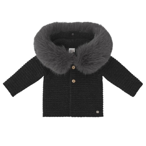 Paz Rodriguez Dark Grey Knitted Jacket with Faux Fur