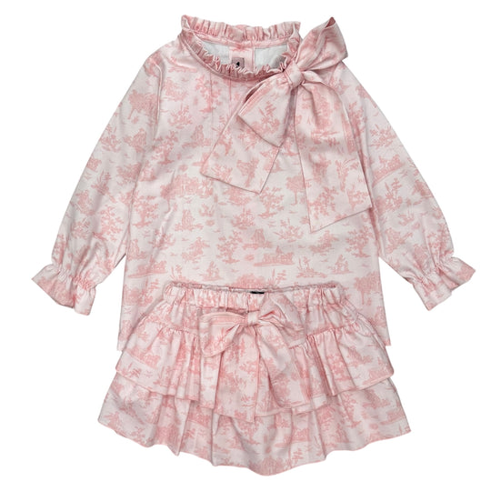 Girls Pink Toile Bow Short Set