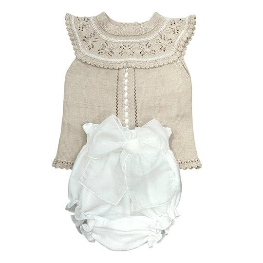 Girls Beige Bow Set