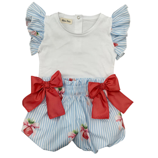 Girls Blue Stripe Strawberry Short Set
