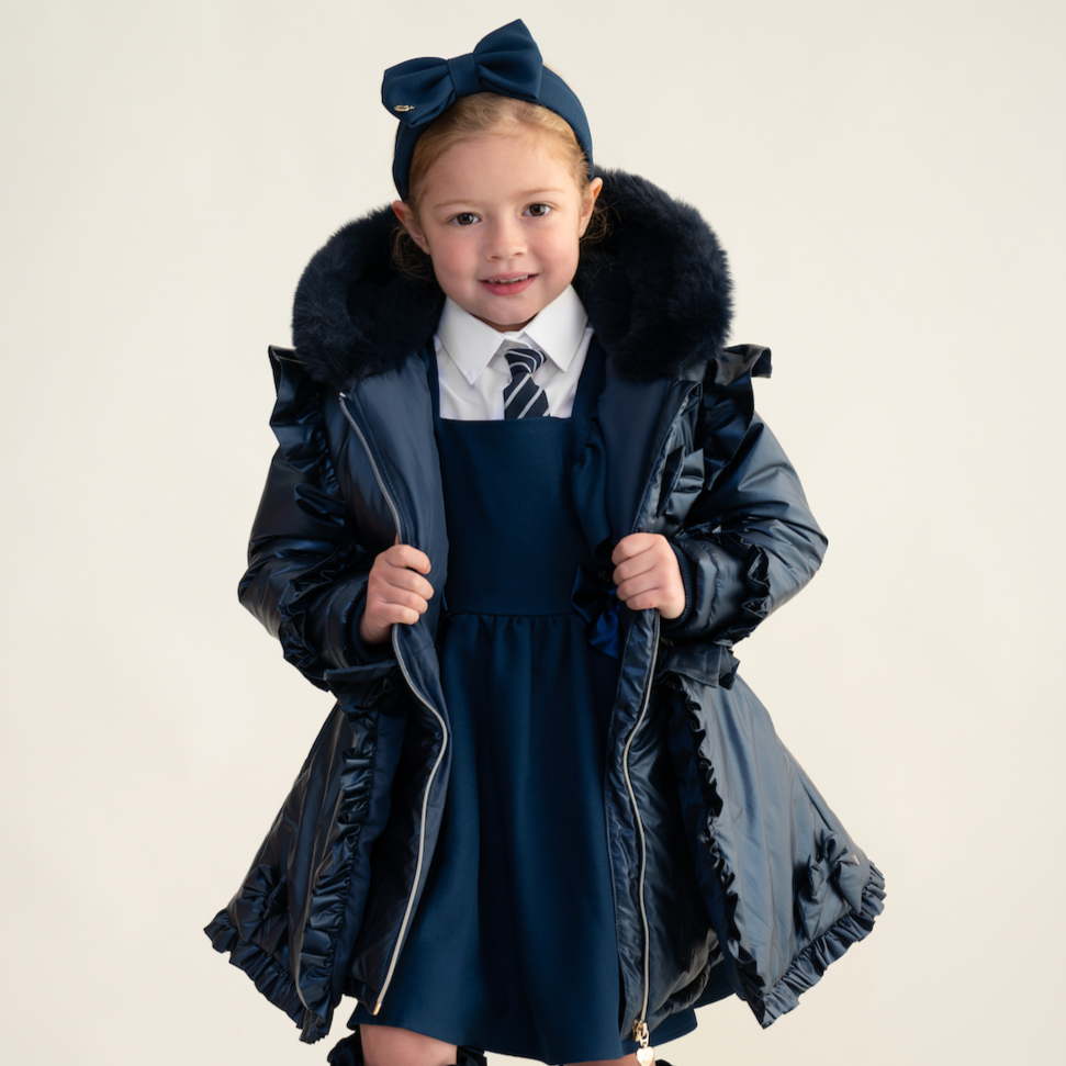 Caramelo Kids Girls Navy Frill Coat with Faux Fur Trim Hood