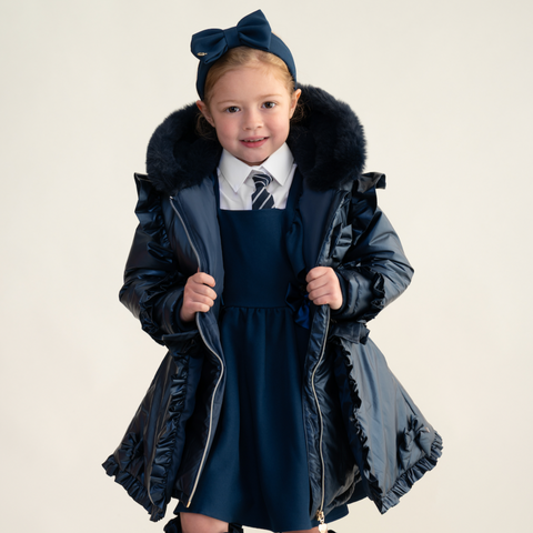 Caramelo Kids Girls Navy Frill Coat with Faux Fur Trim Hood