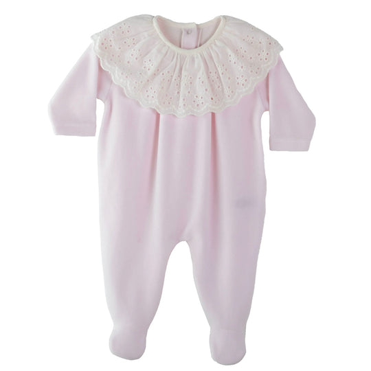 Baby Girls Pink Velour Broderie Anglasie Babygrow