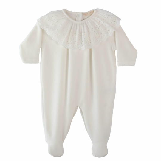 Baby Girls Ivory Velour Broderie Anglasie Babygrow