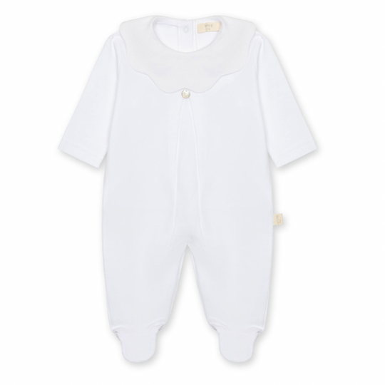Unisex White Cotton Scallop Babygrow