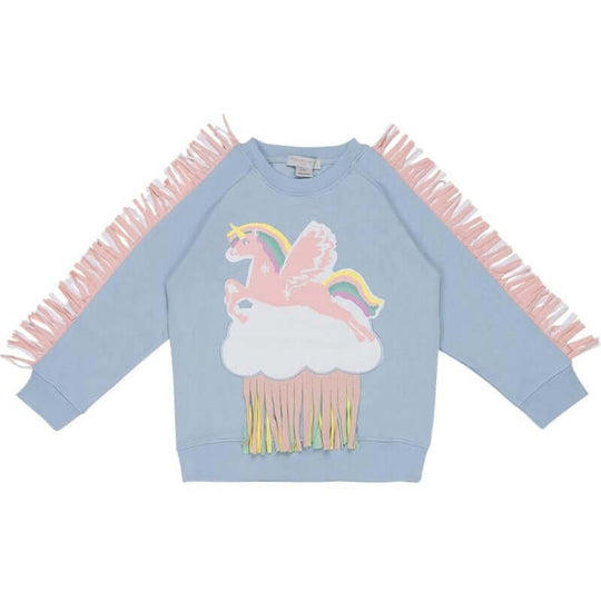 Girls Blue Unicorn Fringe Sweatshirt