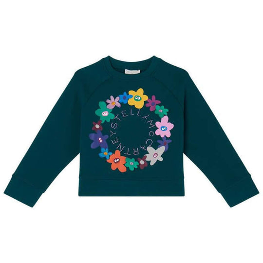 Girls Teal Cotton Flower Print Sweatshirt