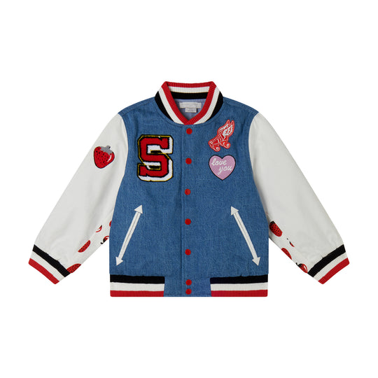 Girls Denim Strawberry Bomber Jacket
