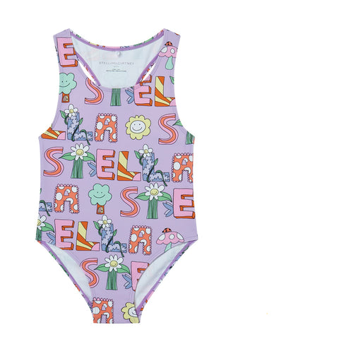 Stella McCartney Girls Lilac Logo Swimsuit