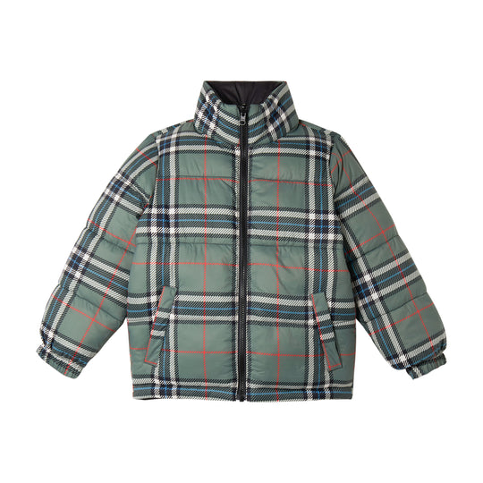 Boys Green Checked Reversible Puffer