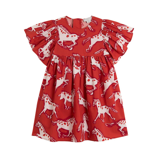 Girls Red Horse Woven Dress