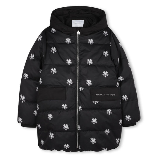 Girls Black Puffer Flower Coat