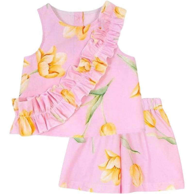 Balloon Chic Girls Pink Cotton Floral Shorts Set