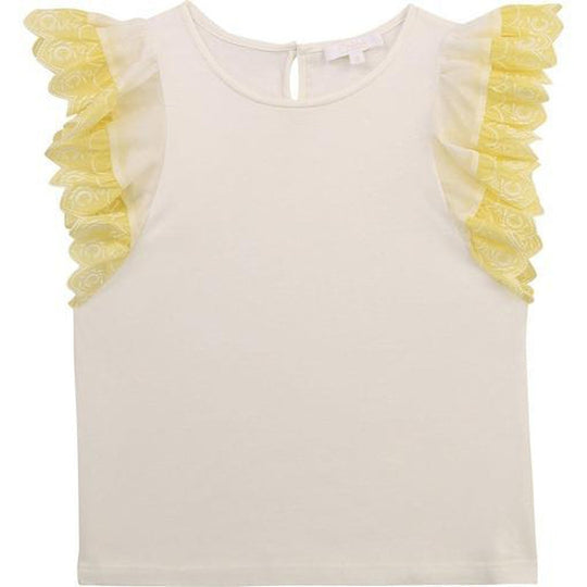 Girls White & Yellow Embroidered Frill Top