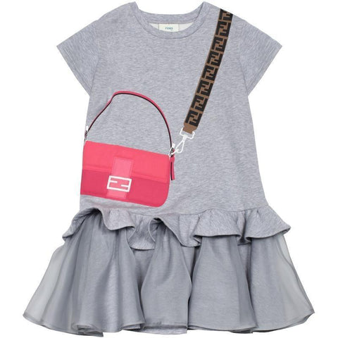 Fendi Girls Grey Silk Tiered FF Bag Dress