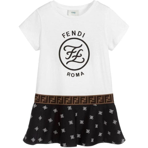 Fendi Girls White and Black Logo Dress