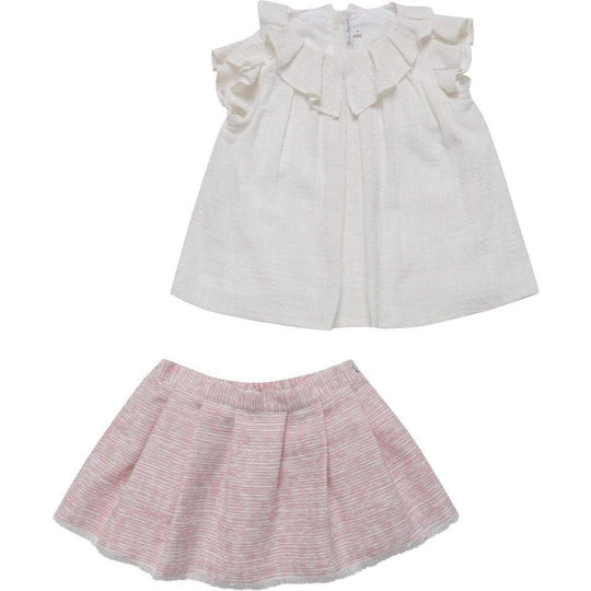 Cream Ruffle Blouse with Pink Textured Skirt